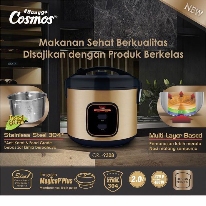 Cosmos Rice Cooker Stainless 3in1 Gold 2 L - CRJ-9308 | CRJ9308